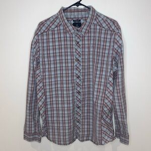Prana Slim Fit Button Up Long Sleeve Shirt Mens XL Pearl‎ Snap Maroon Blue Plaid